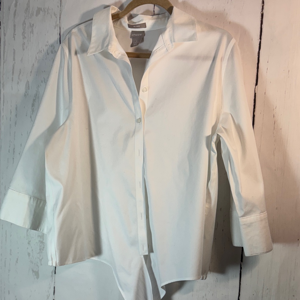 Chico's Size 3 White Button-Up Blouse, Waistband Tie And Elastic On Back